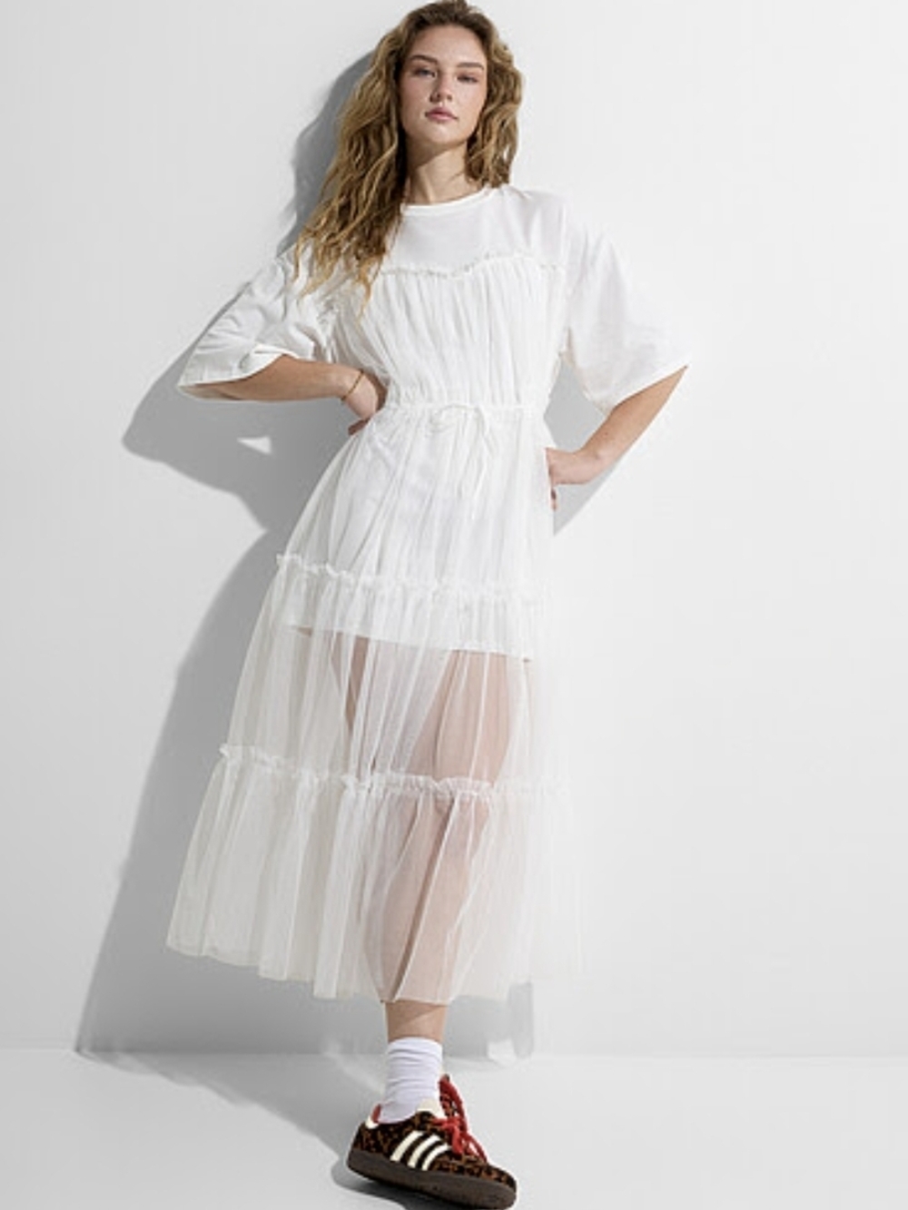 Love Highlight White Sheer Tiered Midi Dress with Drawstring Waist